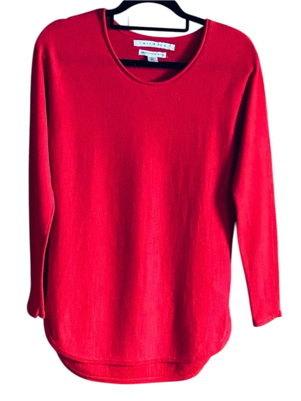Women's Max Studio long-sleeve red sweater with high-low hem and crew neck.